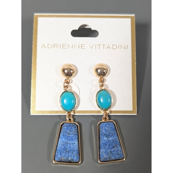 Adrienne Vittadini Earrings Blue Faux Stone Stacked Dangle Gold Tone Boho Elegan - Picture 1 of 6